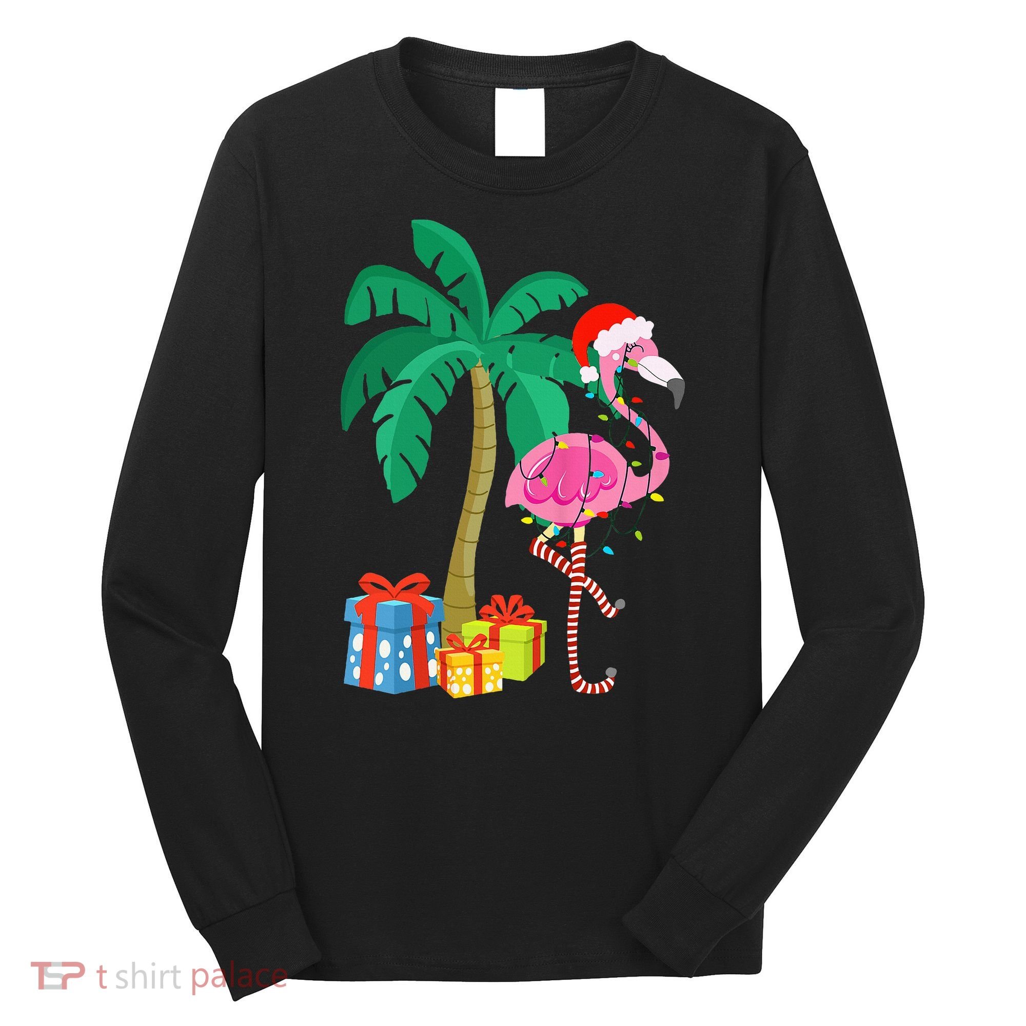 Pink Flamingo Christmas Palm Tree Tropical Xmas Funny Long Sleeve Shirt