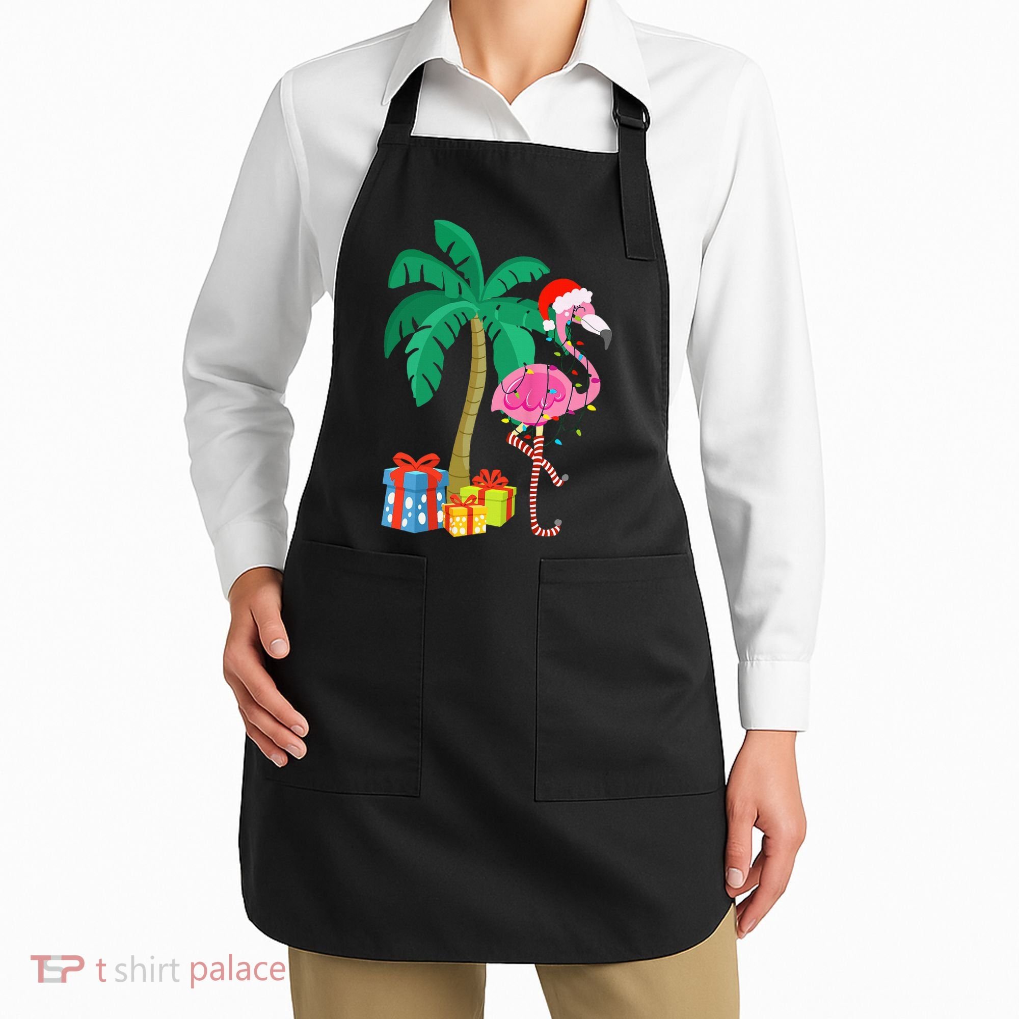 Pink Flamingo Christmas Palm Tree Tropical Xmas Funny Apron