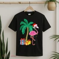 Pink Flamingo Christmas Palm Tree Tropical Xmas Funny T-Shirt thumb 2