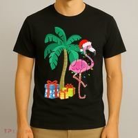 Pink Flamingo Christmas Palm Tree Tropical Xmas Funny T-Shirt thumb 3
