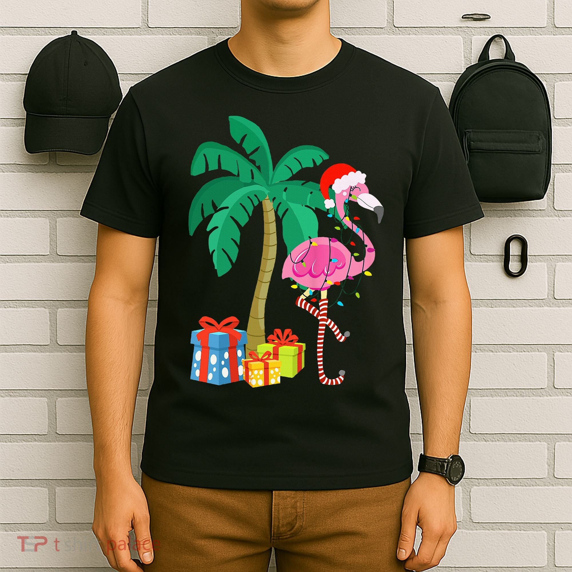 Pink Flamingo Christmas Palm Tree Tropical Xmas Funny T-Shirt