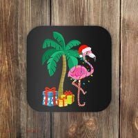 Pink Flamingo Christmas Palm Tree Tropical Xmas Funny Coaster thumb 0