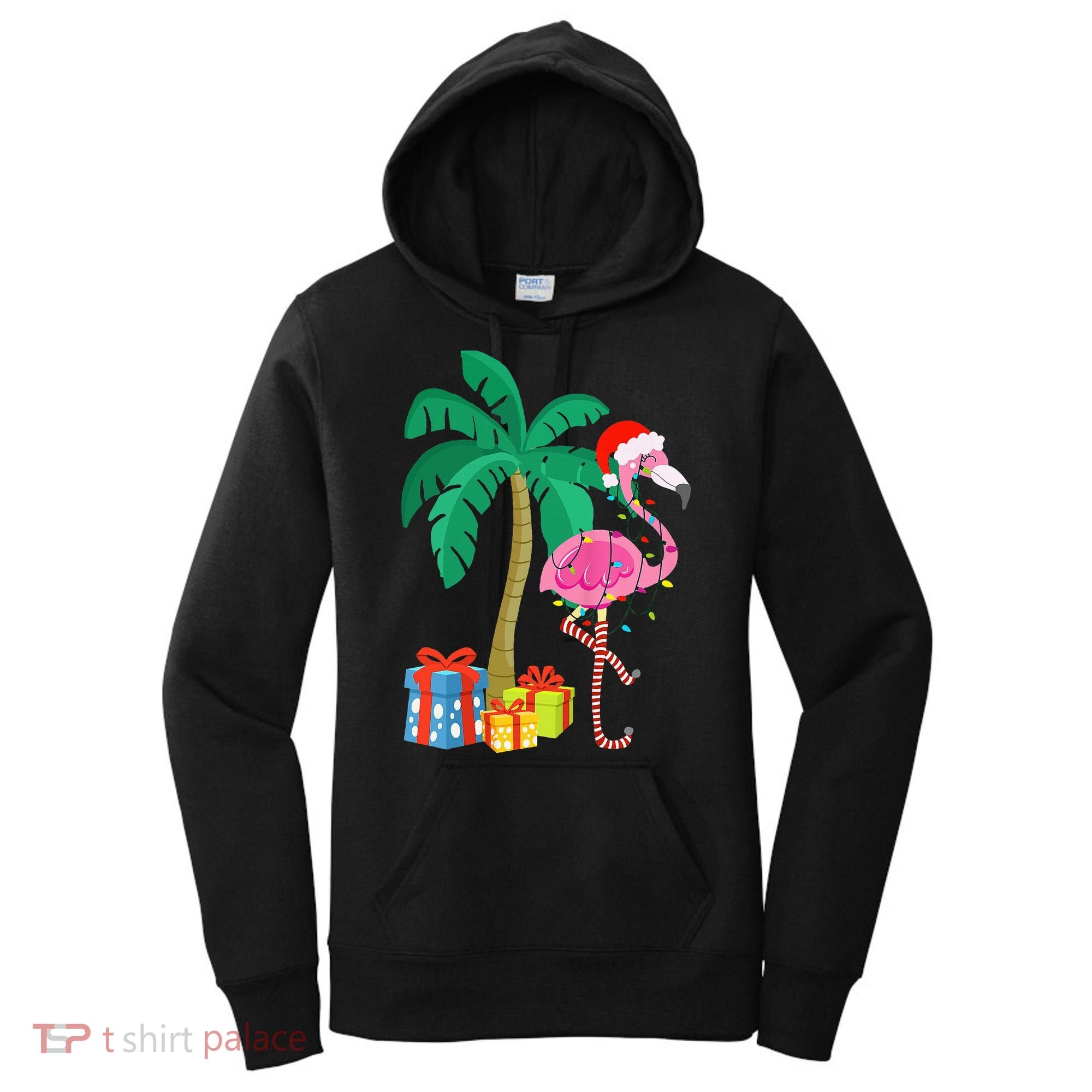 Pink Flamingo Christmas Palm Tree Tropical Xmas Funny Women's Hoodie