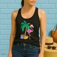 Pink Flamingo Christmas Palm Tree Tropical Xmas Funny Women's Tank Top thumb 2