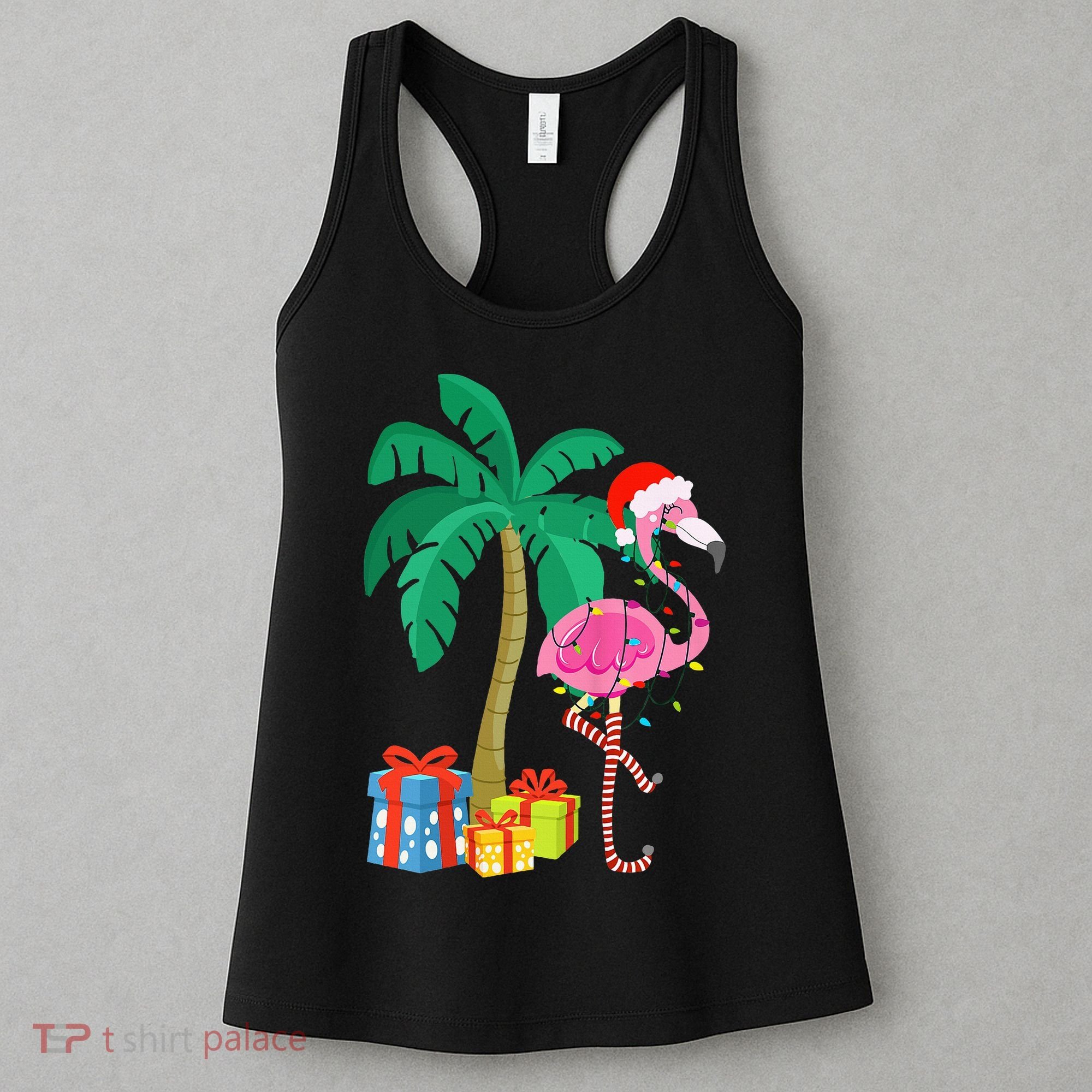 Pink Flamingo Christmas Palm Tree Tropical Xmas Funny Women's Tank Top