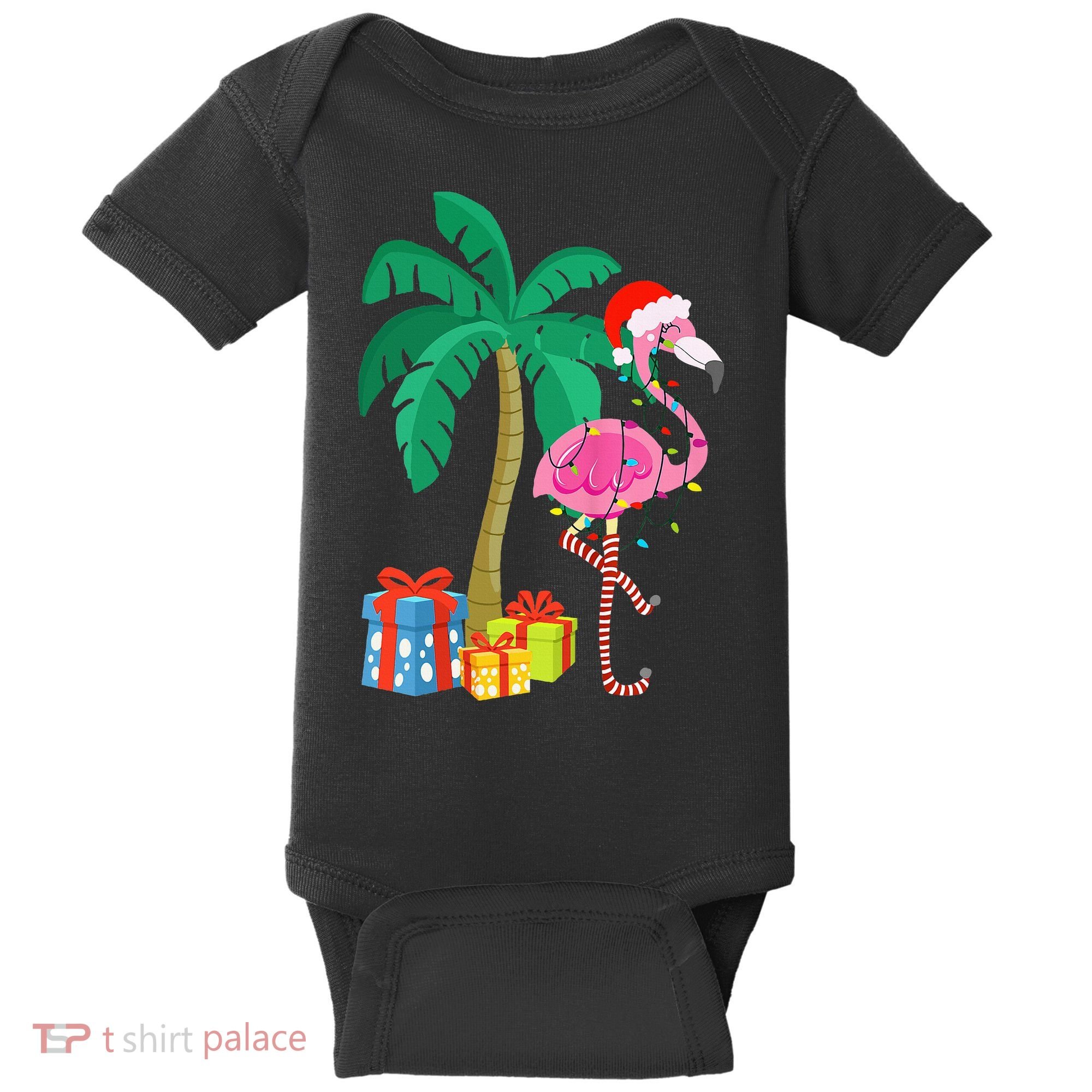 Pink Flamingo Christmas Palm Tree Tropical Xmas Funny Baby Bodysuit