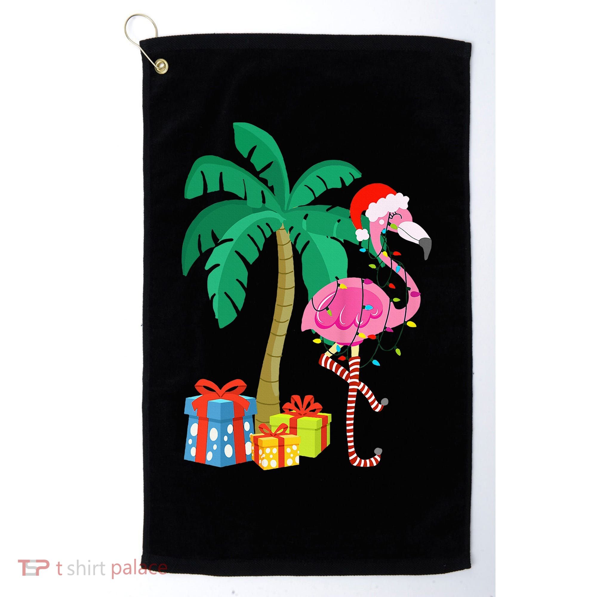 Pink Flamingo Christmas Palm Tree Tropical Xmas Funny Golf Towel