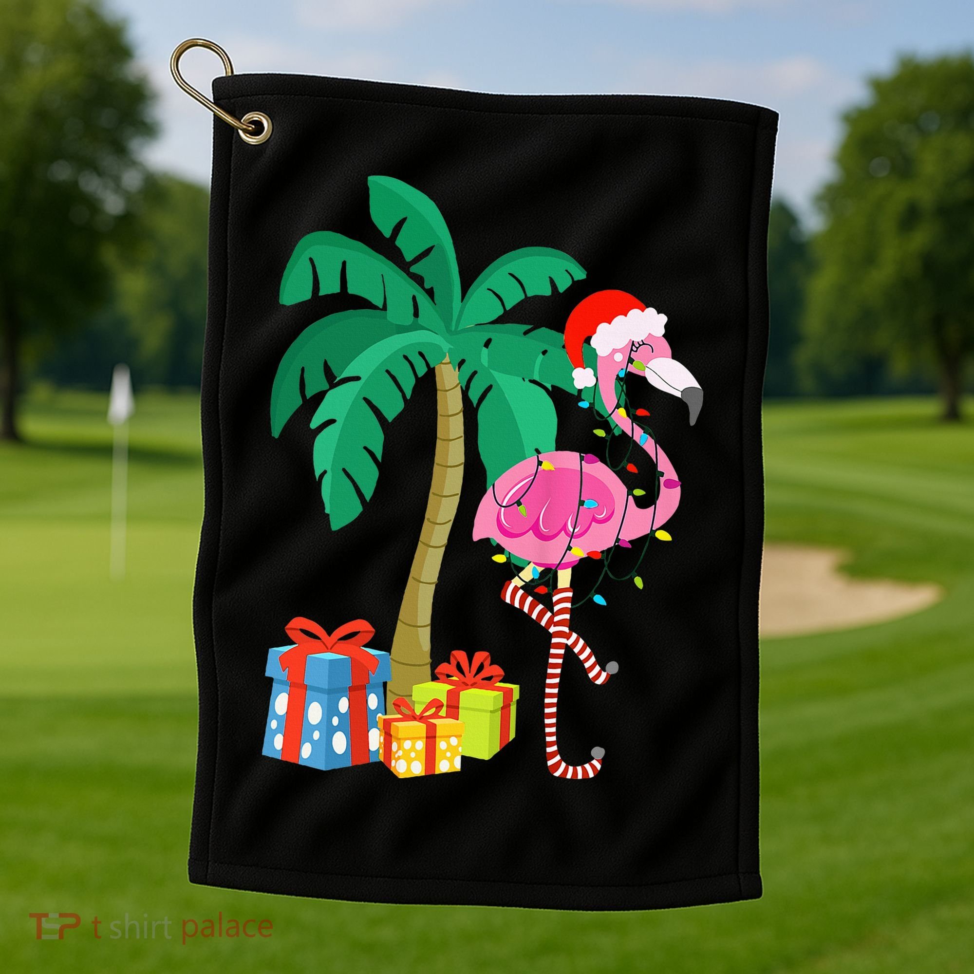 Pink Flamingo Christmas Palm Tree Tropical Xmas Funny Golf Towel
