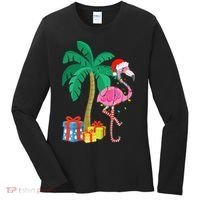 Pink Flamingo Christmas Palm Tree Tropical Xmas Funny Women's Long Sleeve Shirt thumb 0