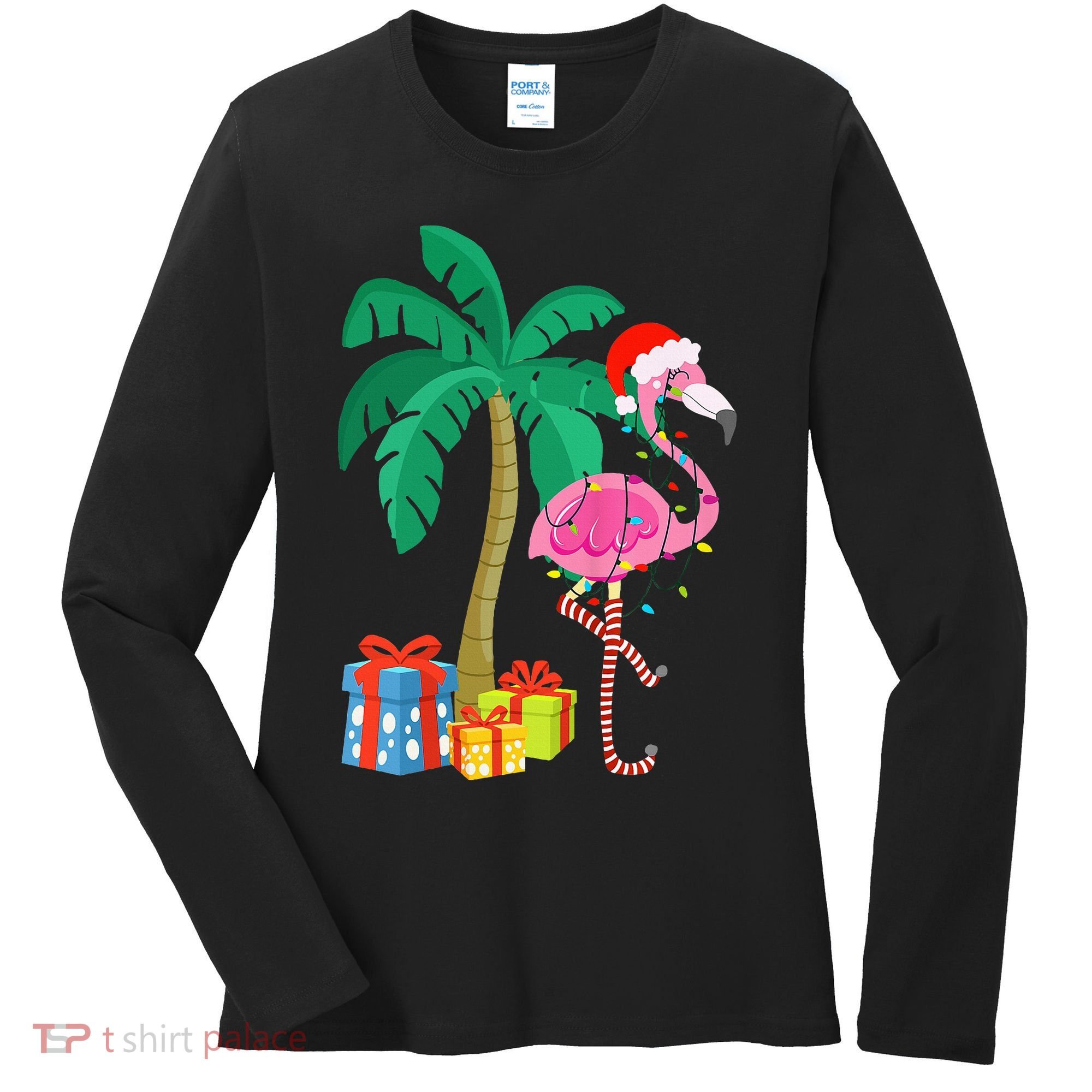 Pink Flamingo Christmas Palm Tree Tropical Xmas Funny Women's Long Sleeve Shirt