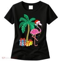 Pink Flamingo Christmas Palm Tree Tropical Xmas Funny Women's T-Shirt thumb 0