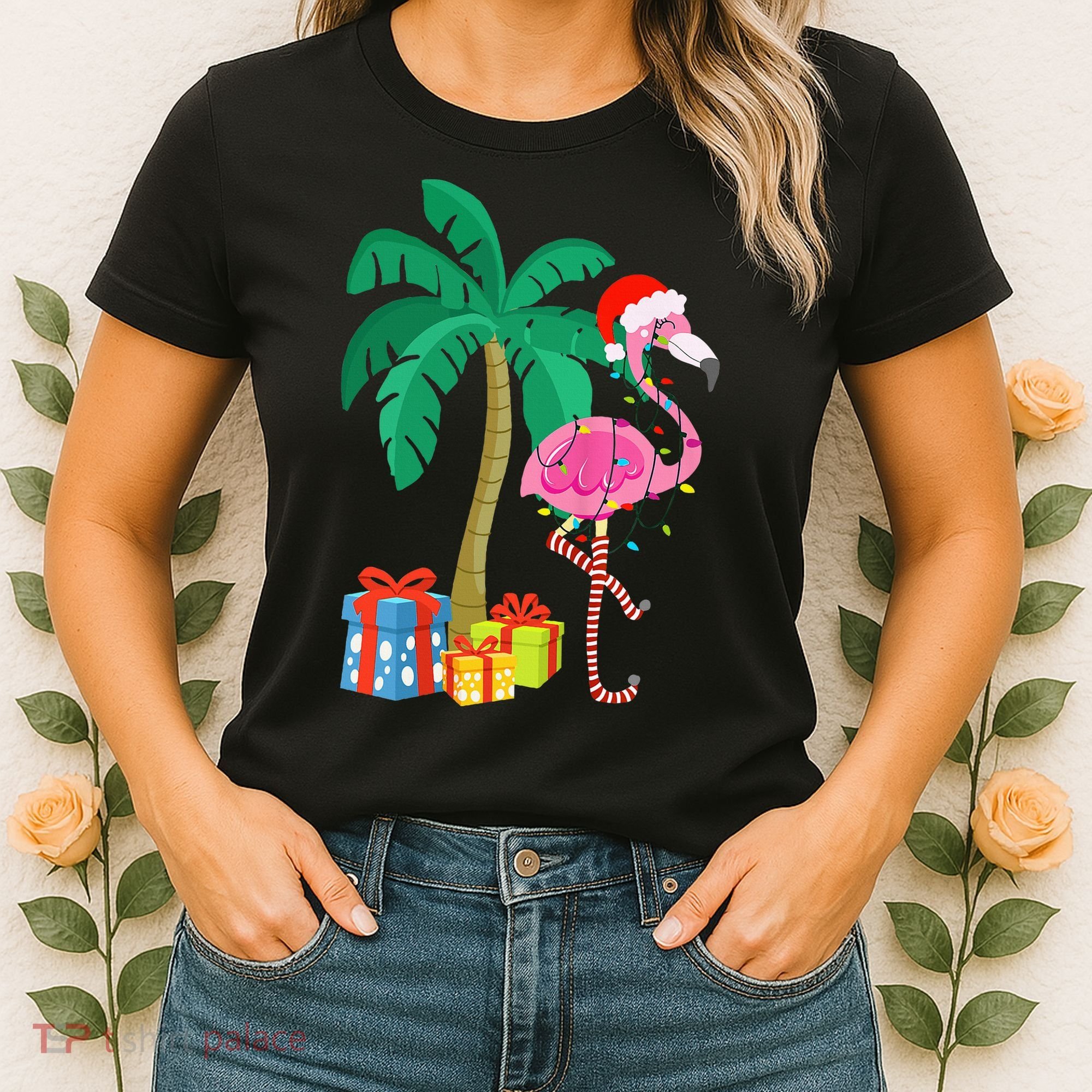 Pink Flamingo Christmas Palm Tree Tropical Xmas Funny Women's T-Shirt