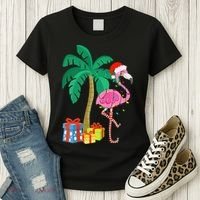 Pink Flamingo Christmas Palm Tree Tropical Xmas Funny Women's T-Shirt thumb 3