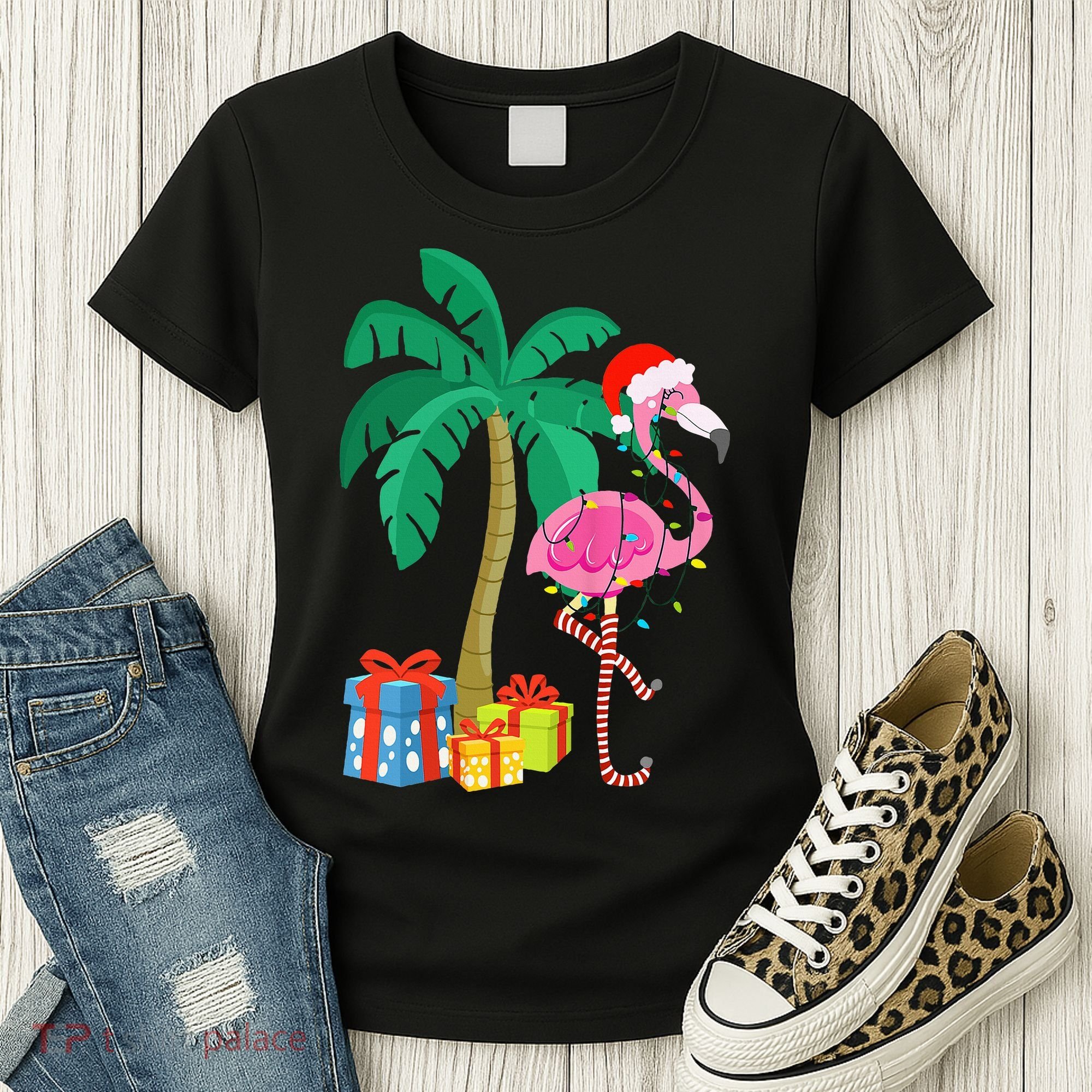 Pink Flamingo Christmas Palm Tree Tropical Xmas Funny Women's T-Shirt