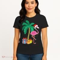 Pink Flamingo Christmas Palm Tree Tropical Xmas Funny Women's T-Shirt thumb 4