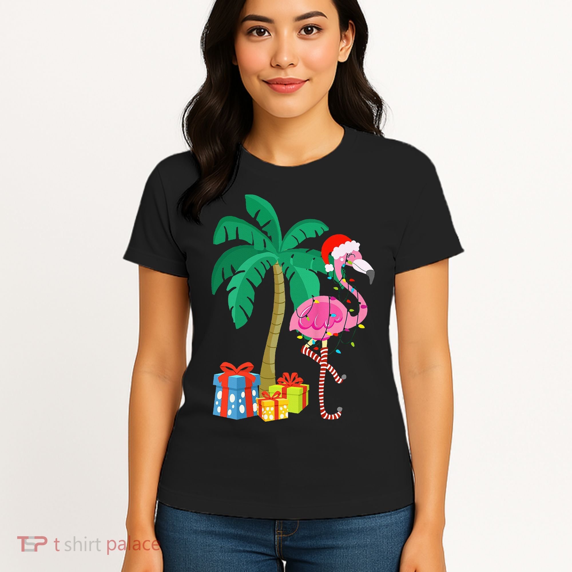 Pink Flamingo Christmas Palm Tree Tropical Xmas Funny Women's T-Shirt