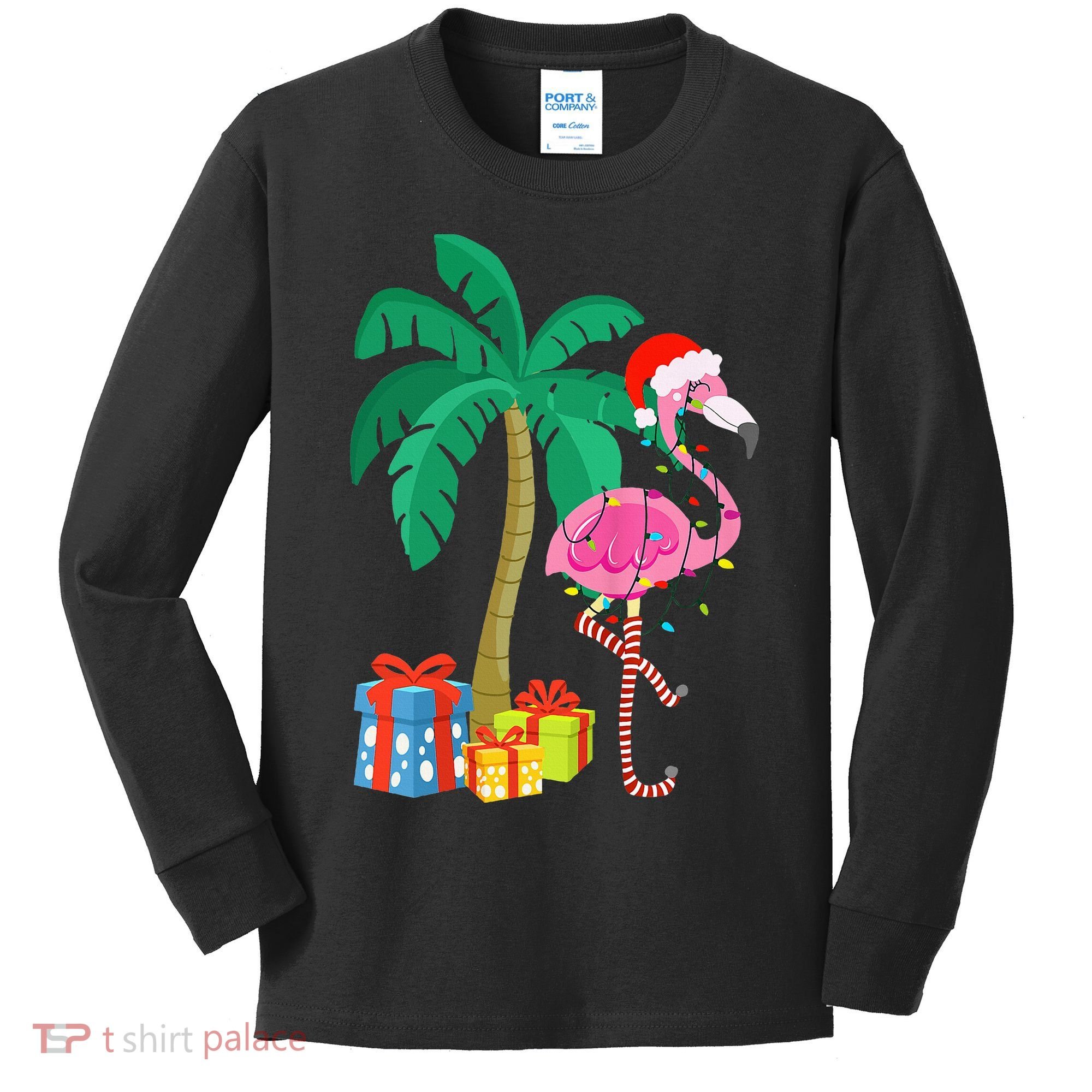 Pink Flamingo Christmas Palm Tree Tropical Xmas Funny Kids Long Sleeve Shirt