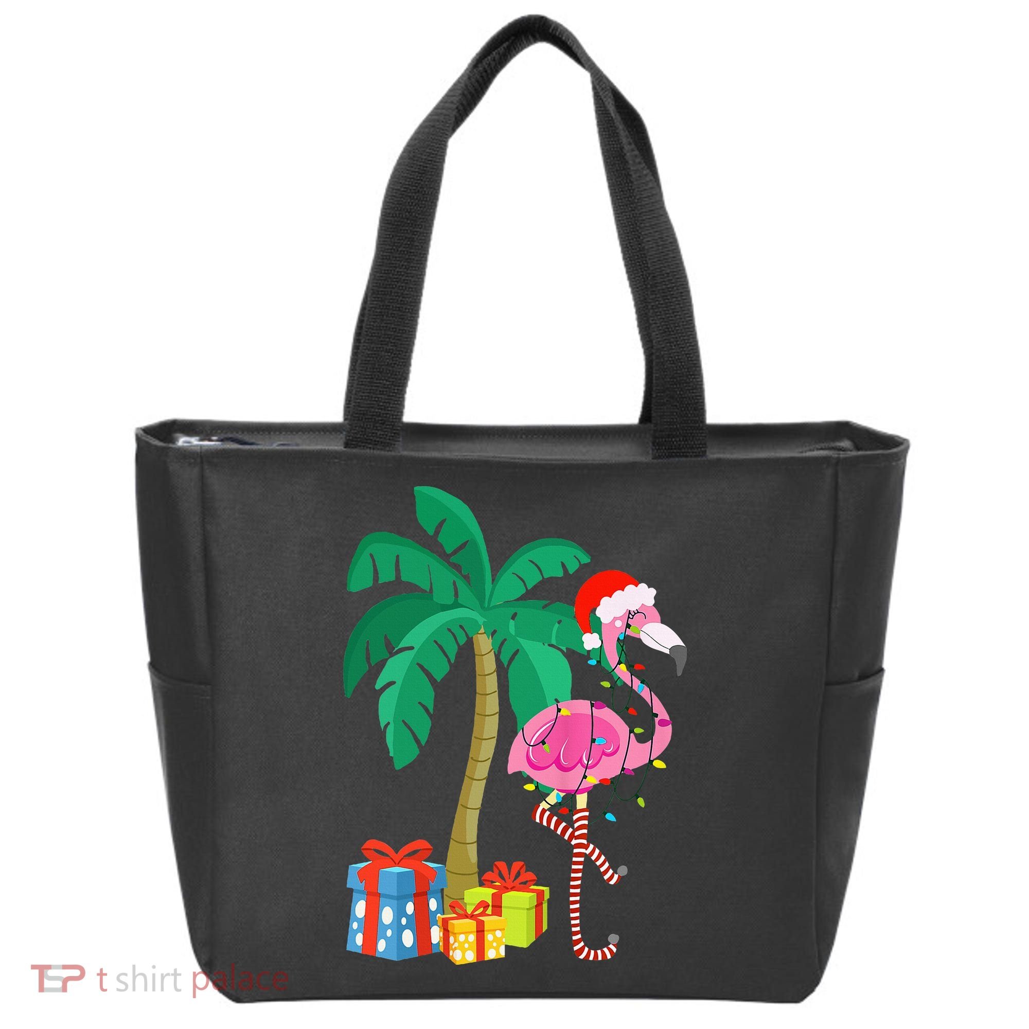 Pink Flamingo Christmas Palm Tree Tropical Xmas Funny Tote Bag