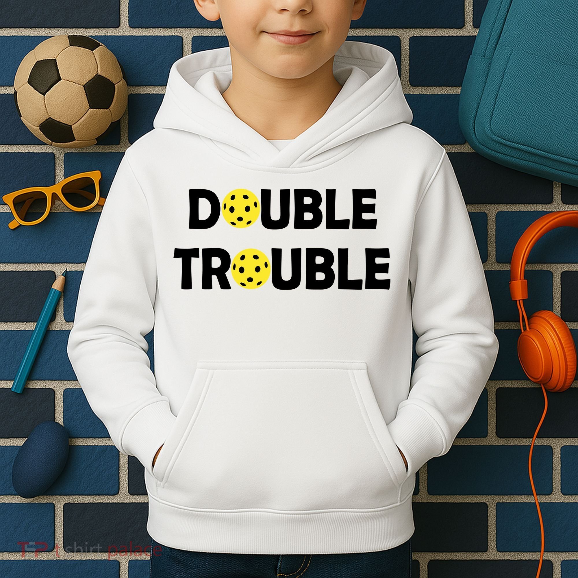 Pickleball Funny Double Trouble Team Kids Hoodie