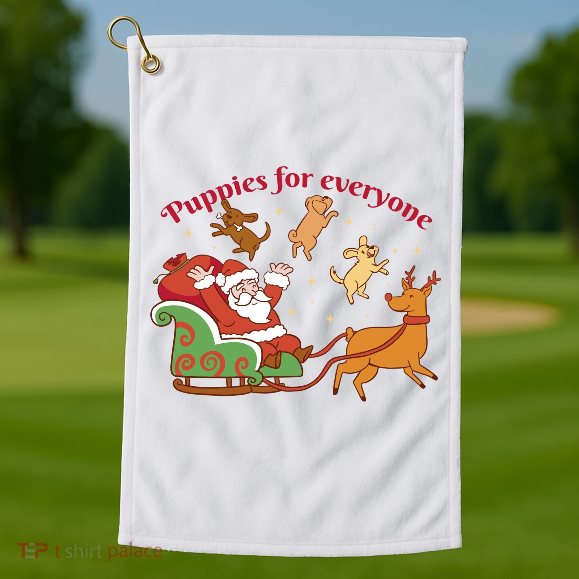 Puppies For Everyone Funny Santa Christmas Golf Towel