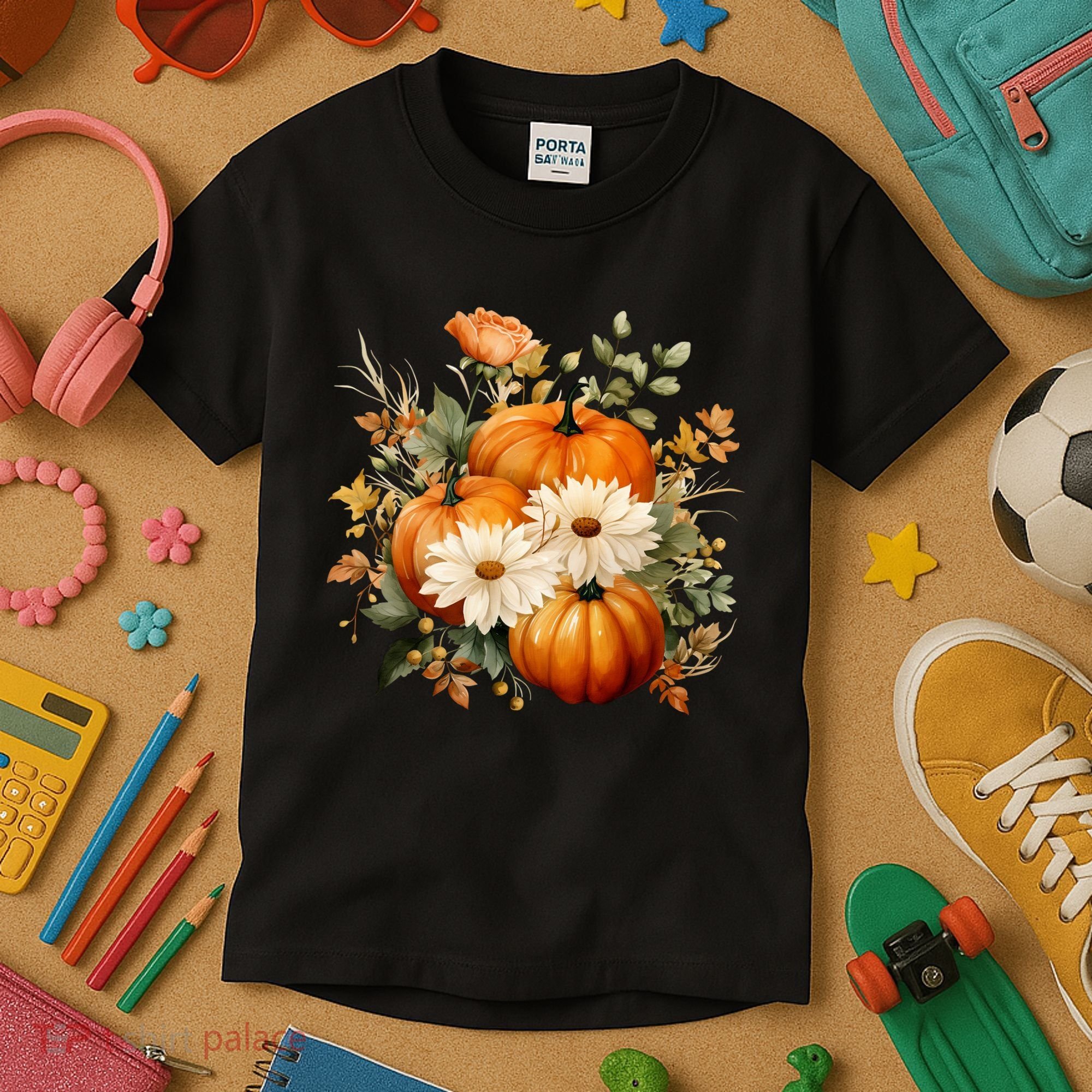 Pumpkin Fall Floral Festive Kids T-Shirt