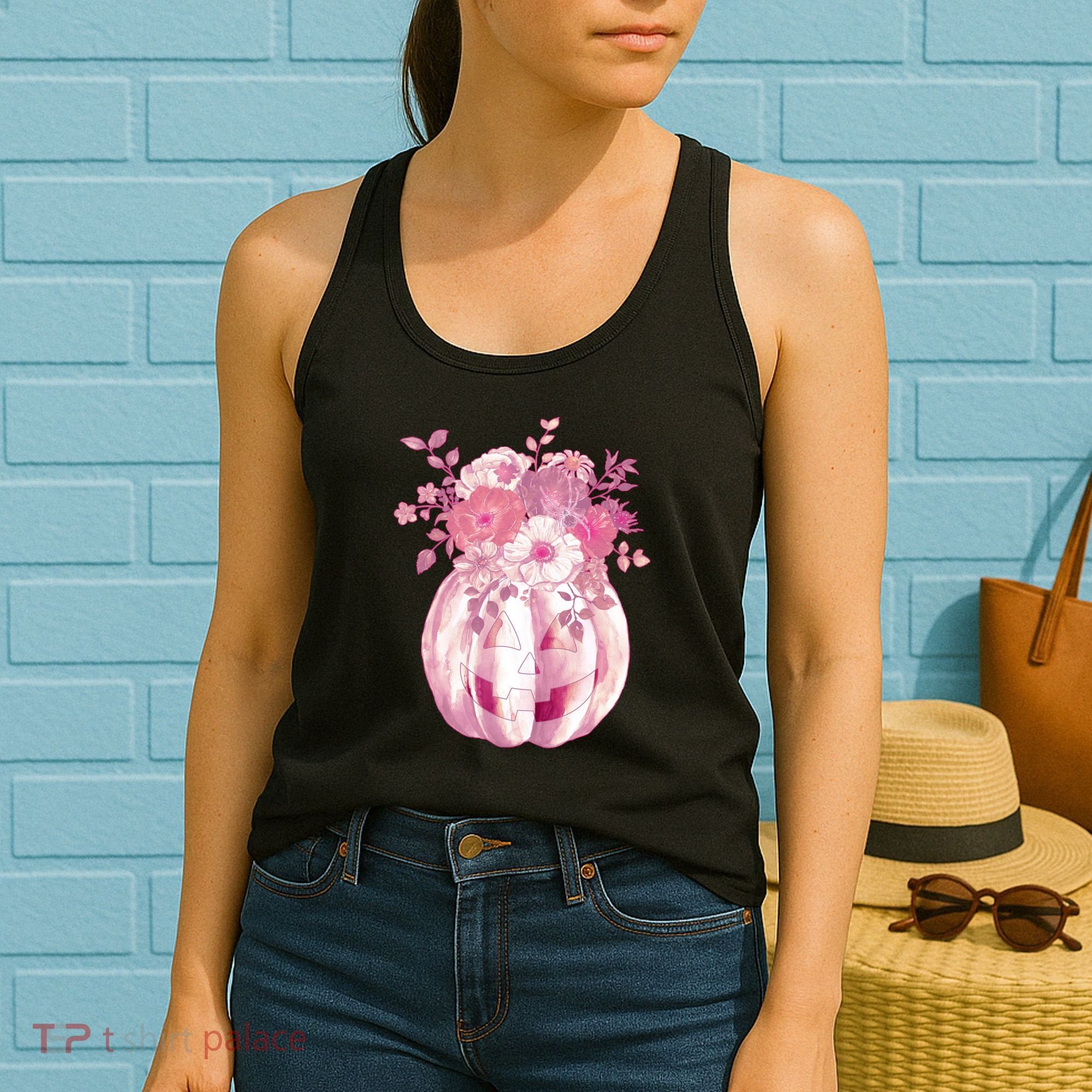 Pastel Floral Halloween Pumpkin Jackolantern Women's Tank Top