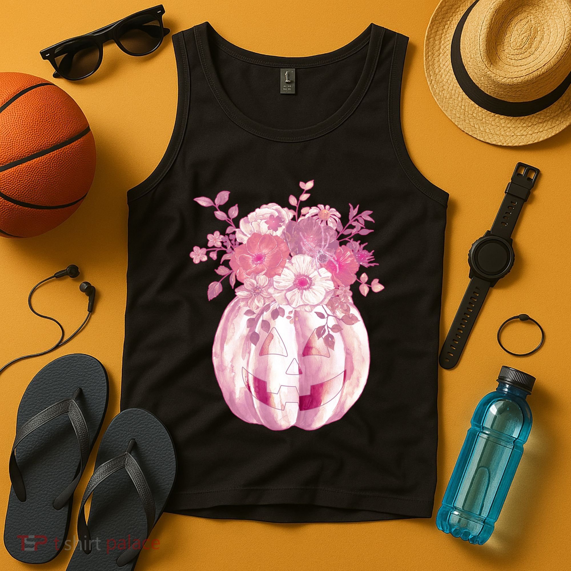 Pastel Floral Halloween Pumpkin Jackolantern Tank Top