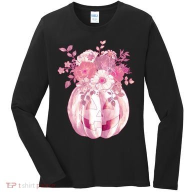 Pastel Floral Halloween Pumpkin Jackolantern Women's Long Sleeve Shirt