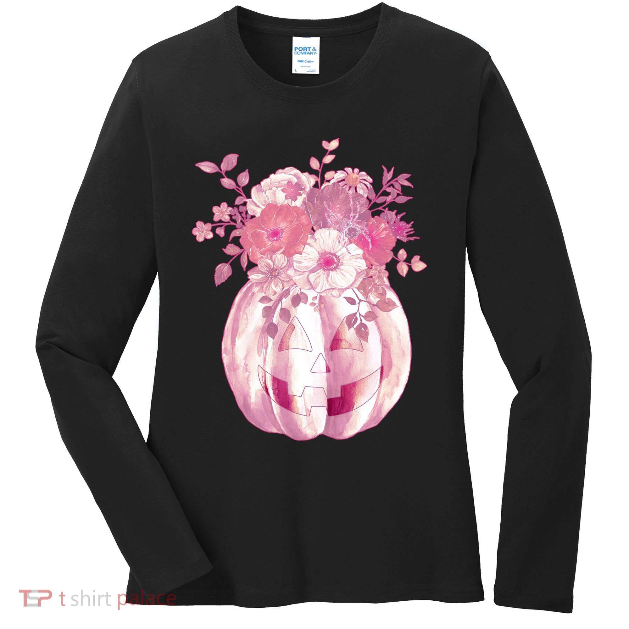 Pastel Floral Halloween Pumpkin Jackolantern Women's Long Sleeve Shirt