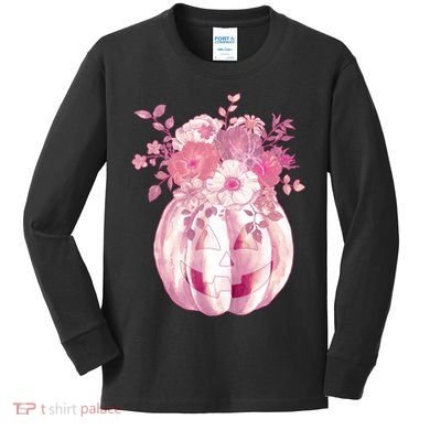Pastel Floral Halloween Pumpkin Jackolantern Kids Long Sleeve Shirt