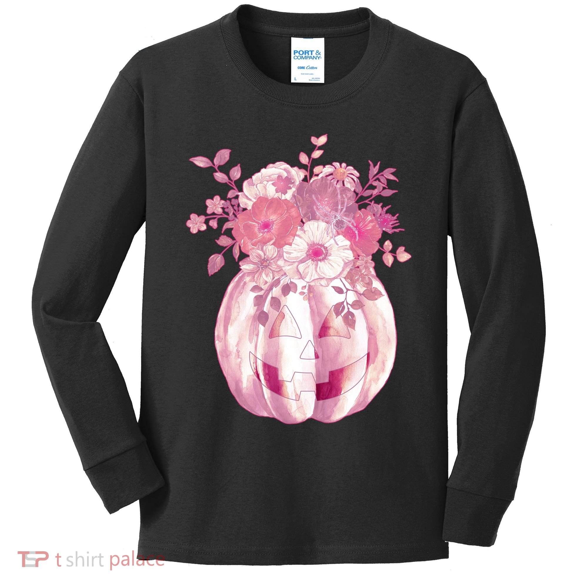 Pastel Floral Halloween Pumpkin Jackolantern Kids Long Sleeve Shirt