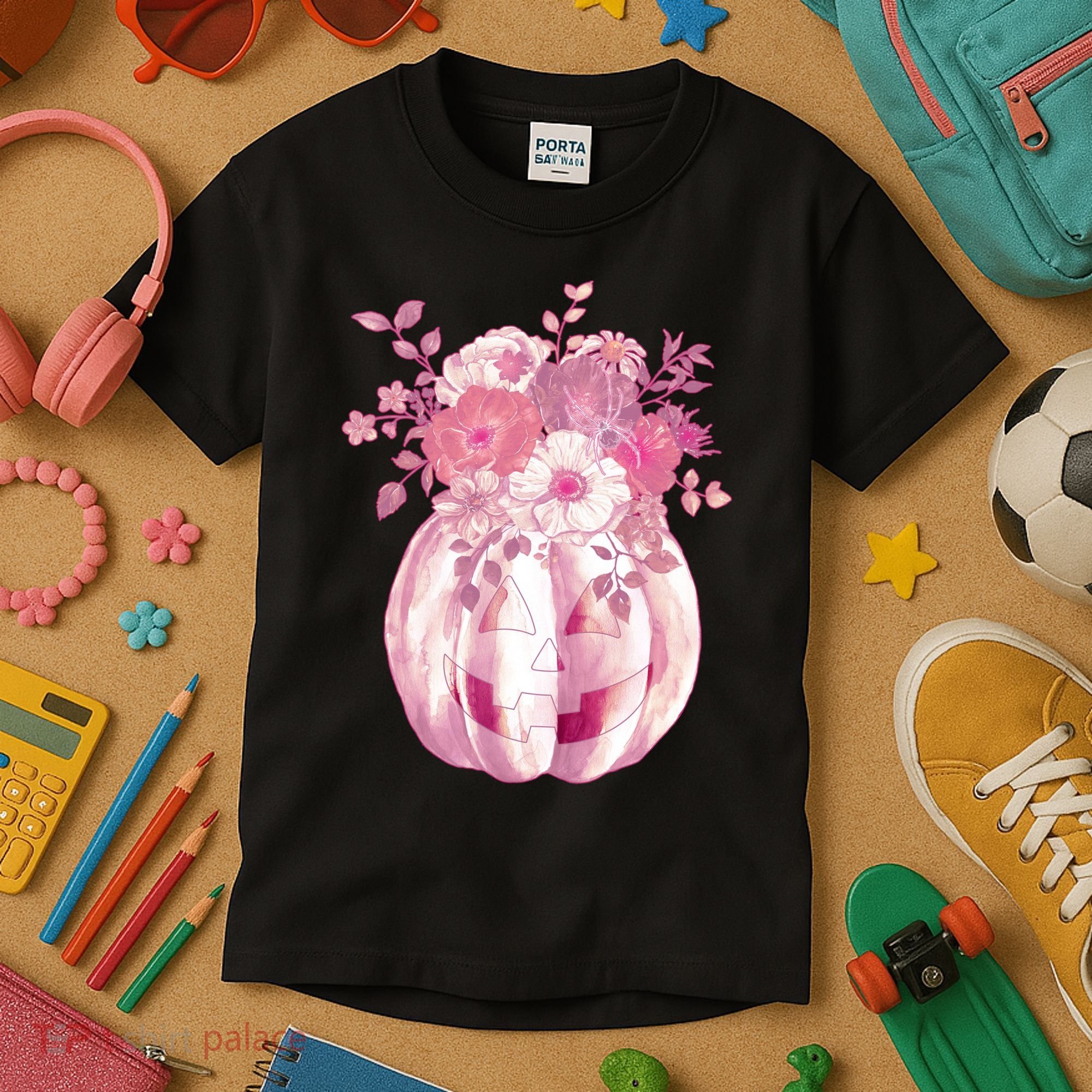 Pastel Floral Halloween Pumpkin Jackolantern Kids T-Shirt