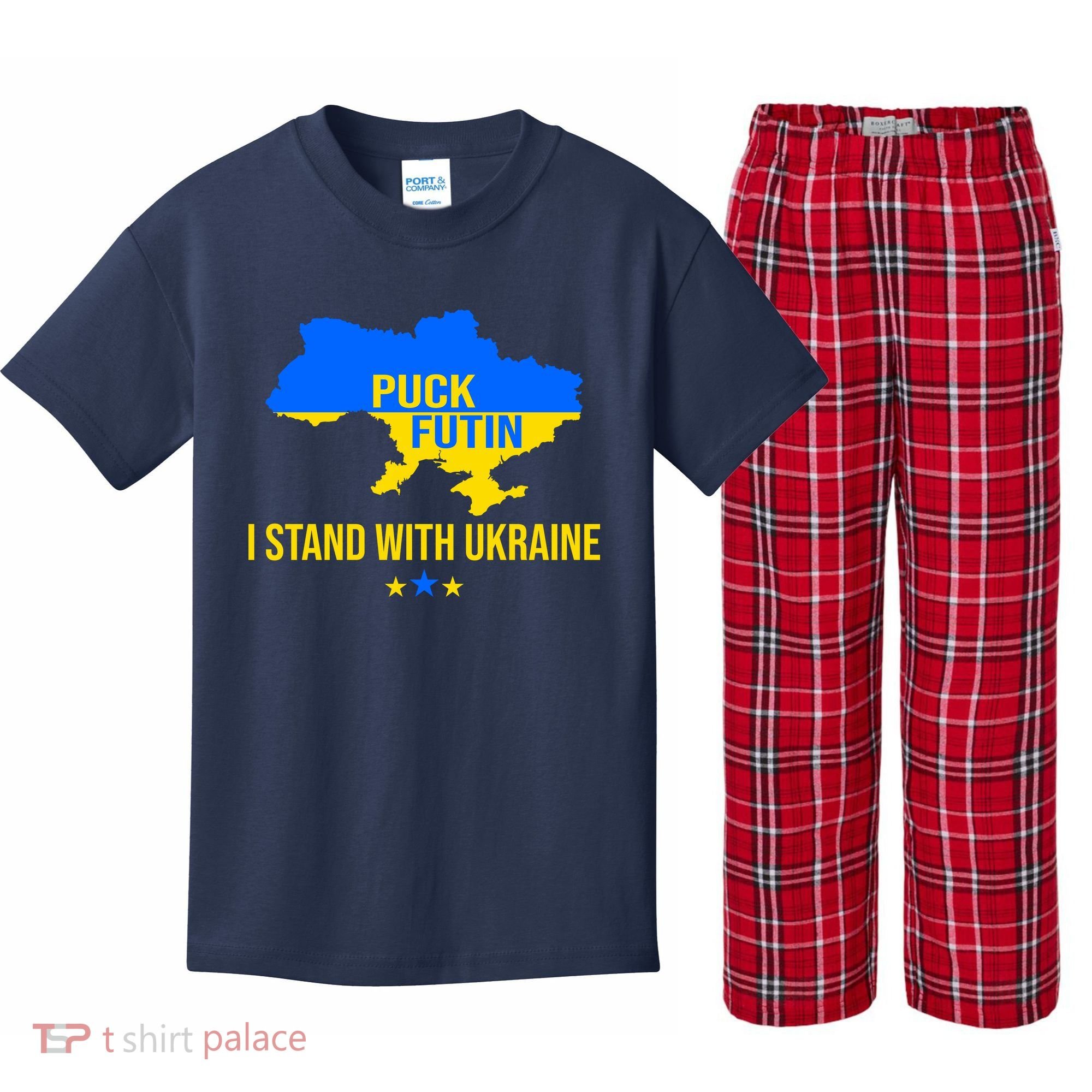 Puck Futin I Stand With Ukraine Support Flag Kids Plaid Pajama Set