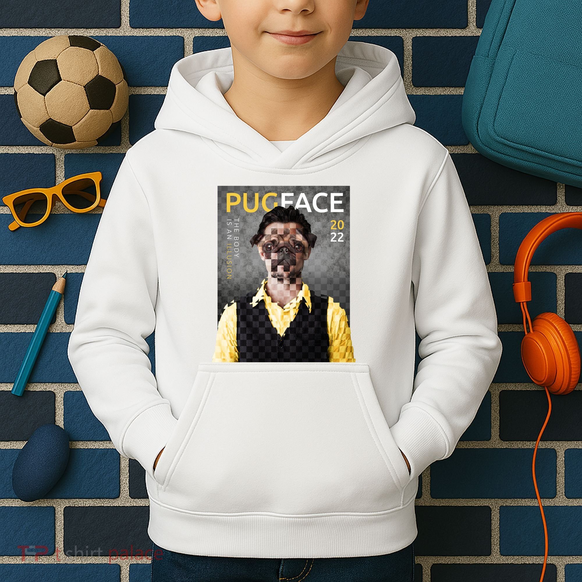 Pug Face Man Magazine Pixelated Kids Hoodie
