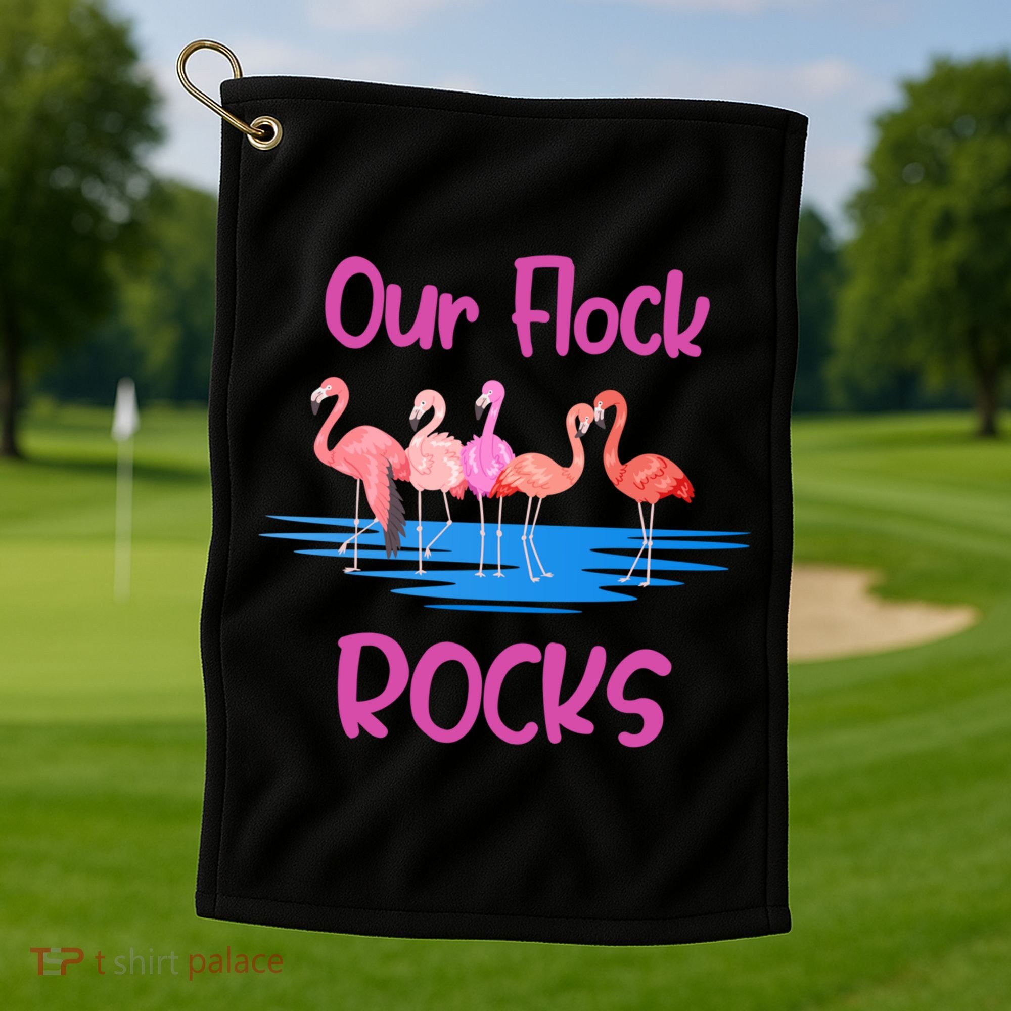 Pink Flamingo Our Flock Rocks Family Group Vacation Gift Golf Towel