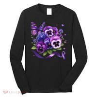 Purple Floral Pansies Butterfly Ribbon Alzheimer's Awareness Long Sleeve Shirt thumb 0