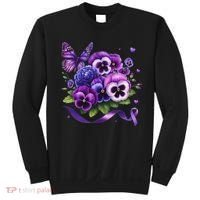 Purple Floral Pansies Butterfly Ribbon Alzheimer's Awareness Sweatshirt thumb 0