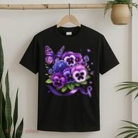 Purple Floral Pansies Butterfly Ribbon Alzheimer's Awareness T-Shirt thumb 2