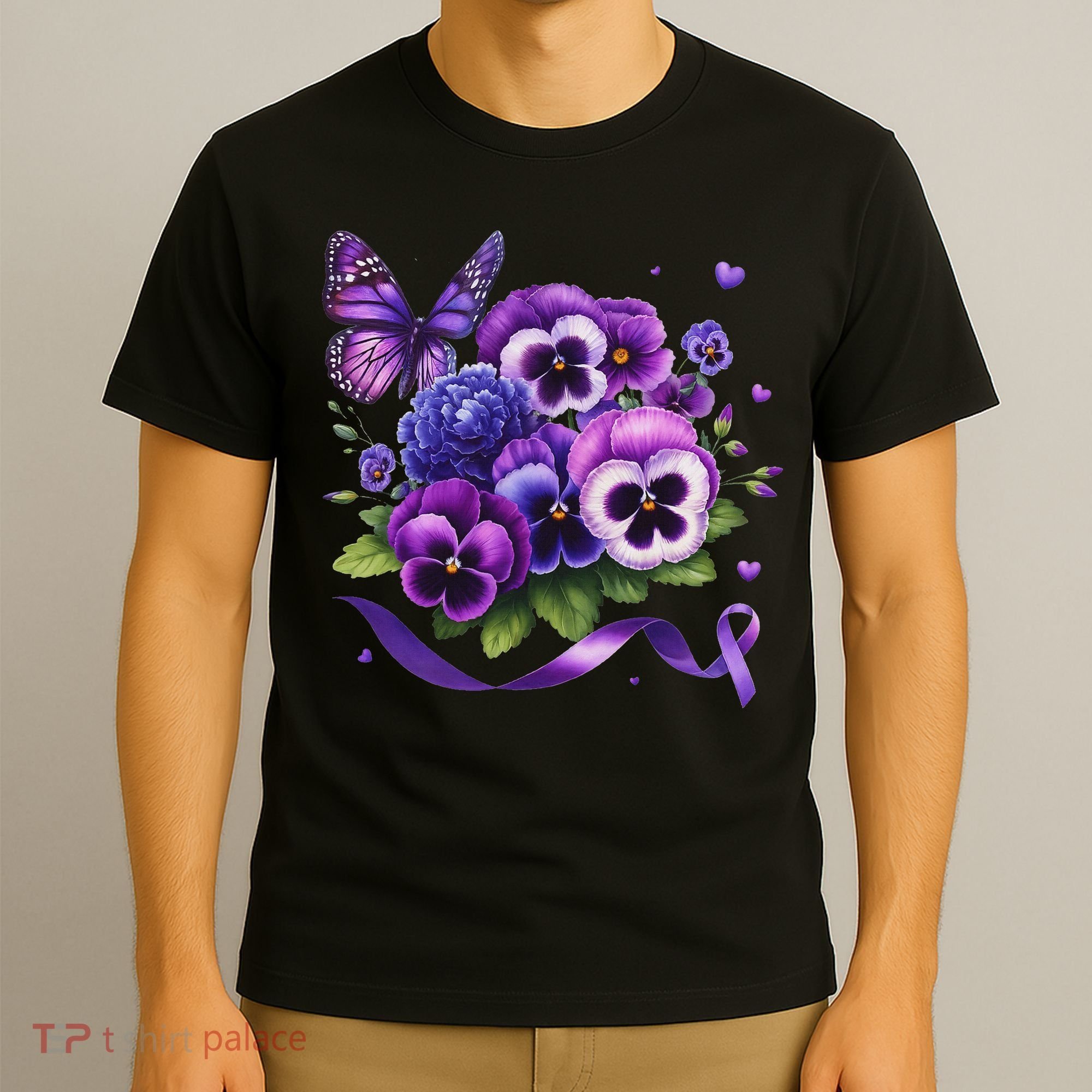 Purple Floral Pansies Butterfly Ribbon Alzheimer's Awareness T-Shirt