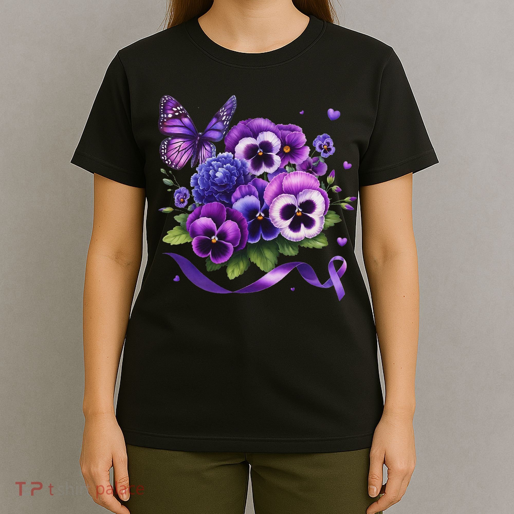 Purple Floral Pansies Butterfly Ribbon Alzheimer's Awareness T-Shirt