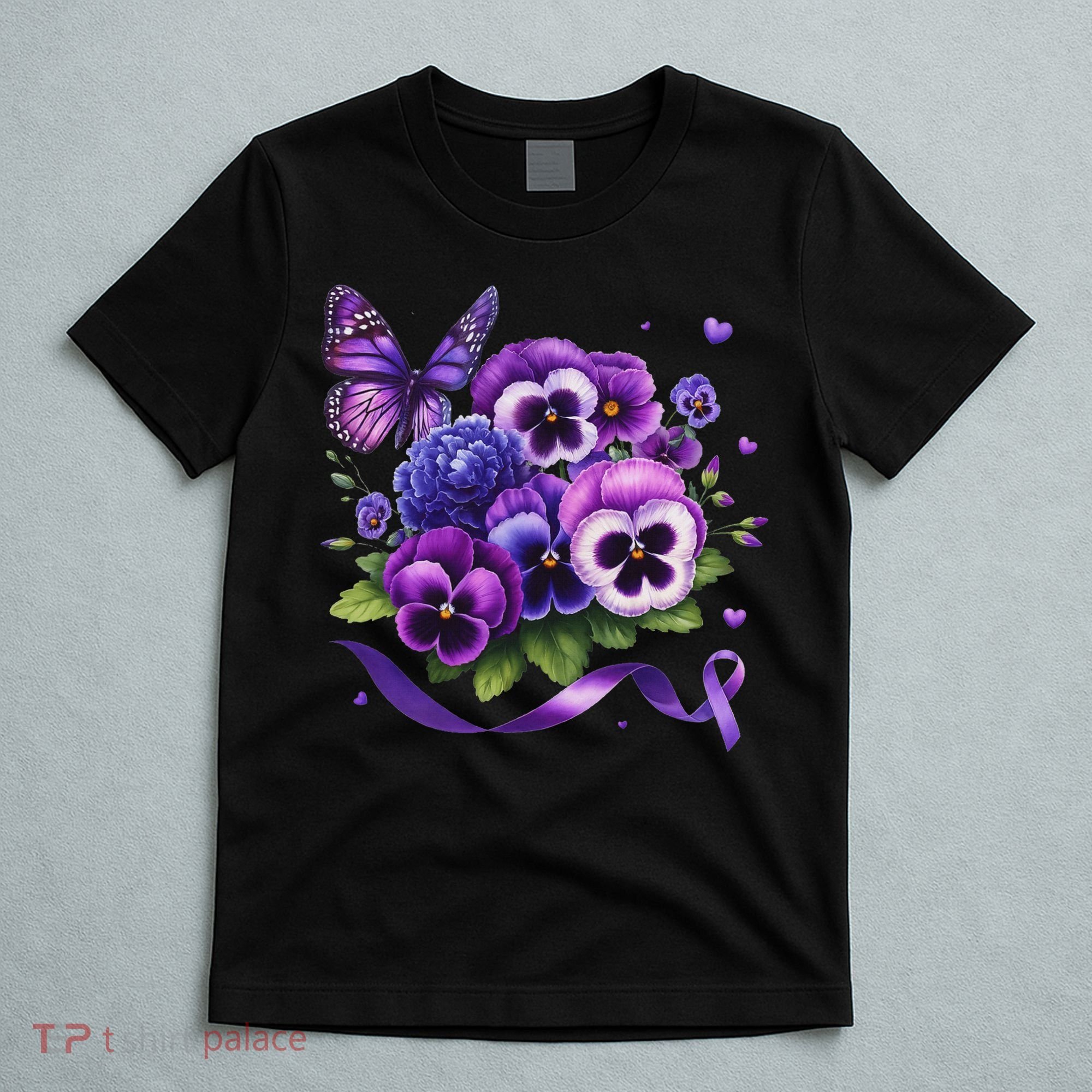 Purple Floral Pansies Butterfly Ribbon Alzheimer's Awareness T-Shirt