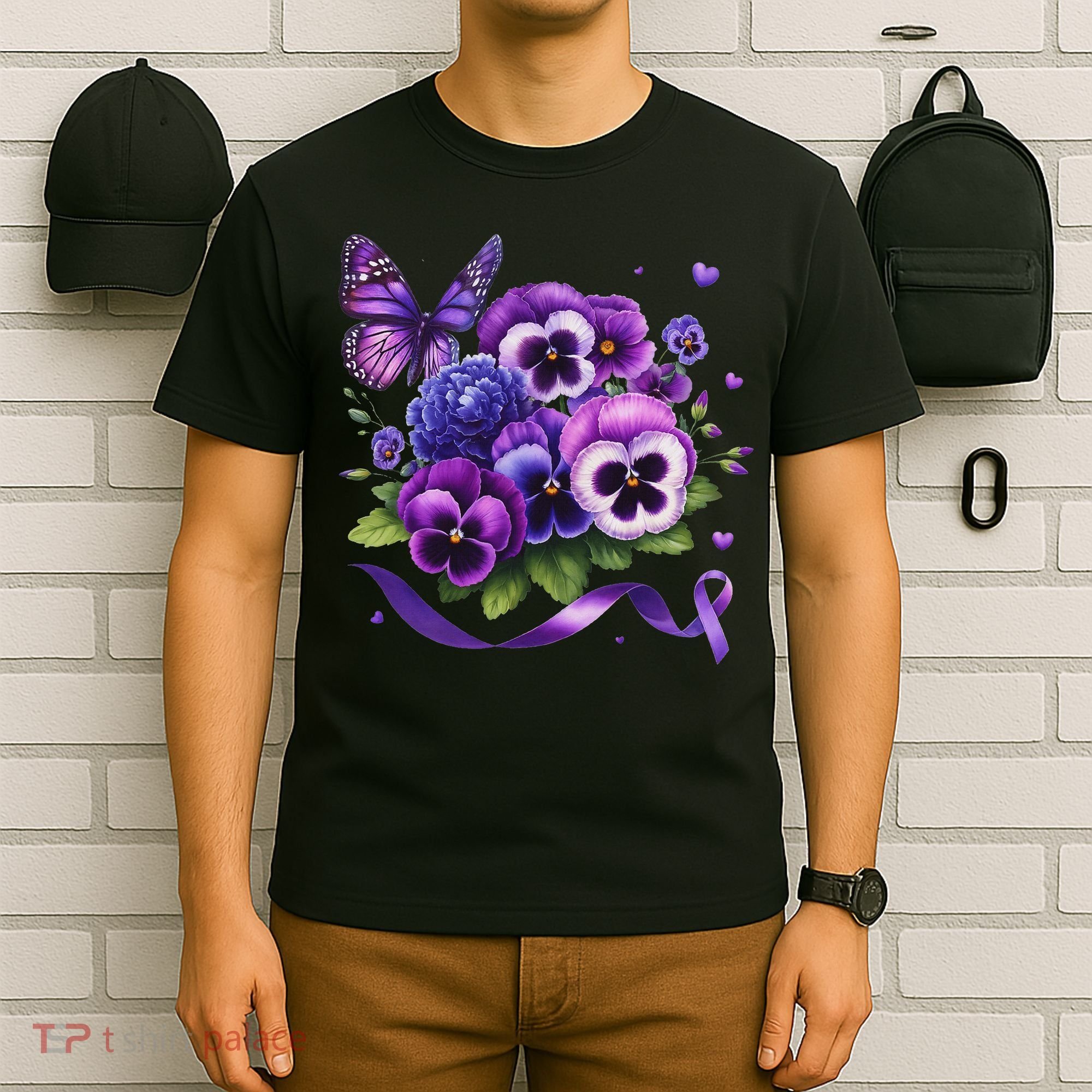 Purple Floral Pansies Butterfly Ribbon Alzheimer's Awareness T-Shirt