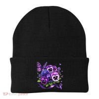 Purple Floral Pansies Butterfly Ribbon Alzheimer's Awareness Beanie thumb 0