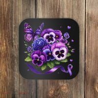 Purple Floral Pansies Butterfly Ribbon Alzheimer's Awareness Coaster thumb 0
