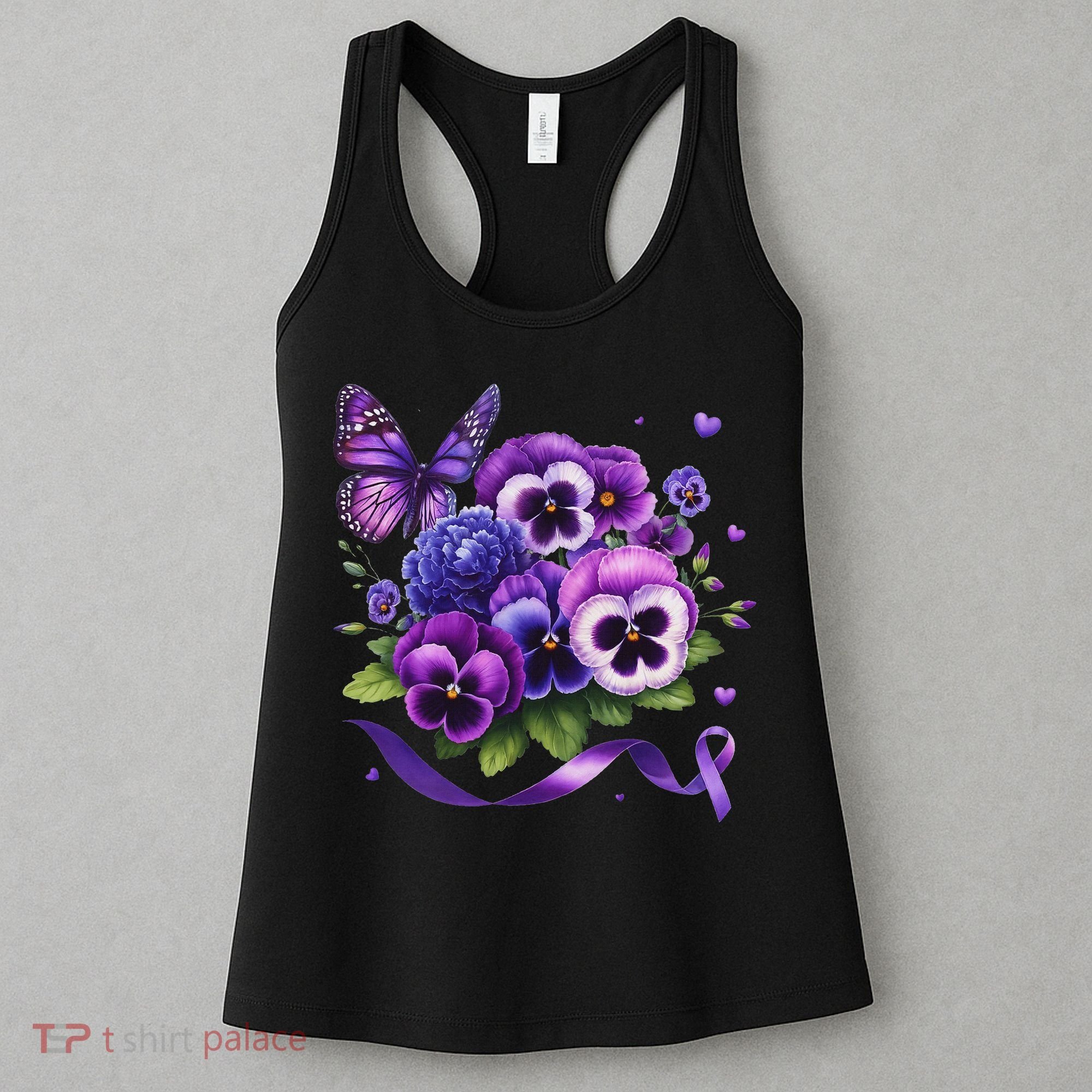 Purple Floral Pansies Butterfly Ribbon Alzheimer's Awareness Women's Tank Top