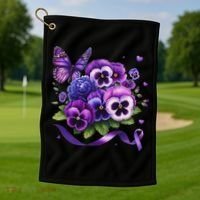 Purple Floral Pansies Butterfly Ribbon Alzheimer's Awareness Golf Towel thumb 1