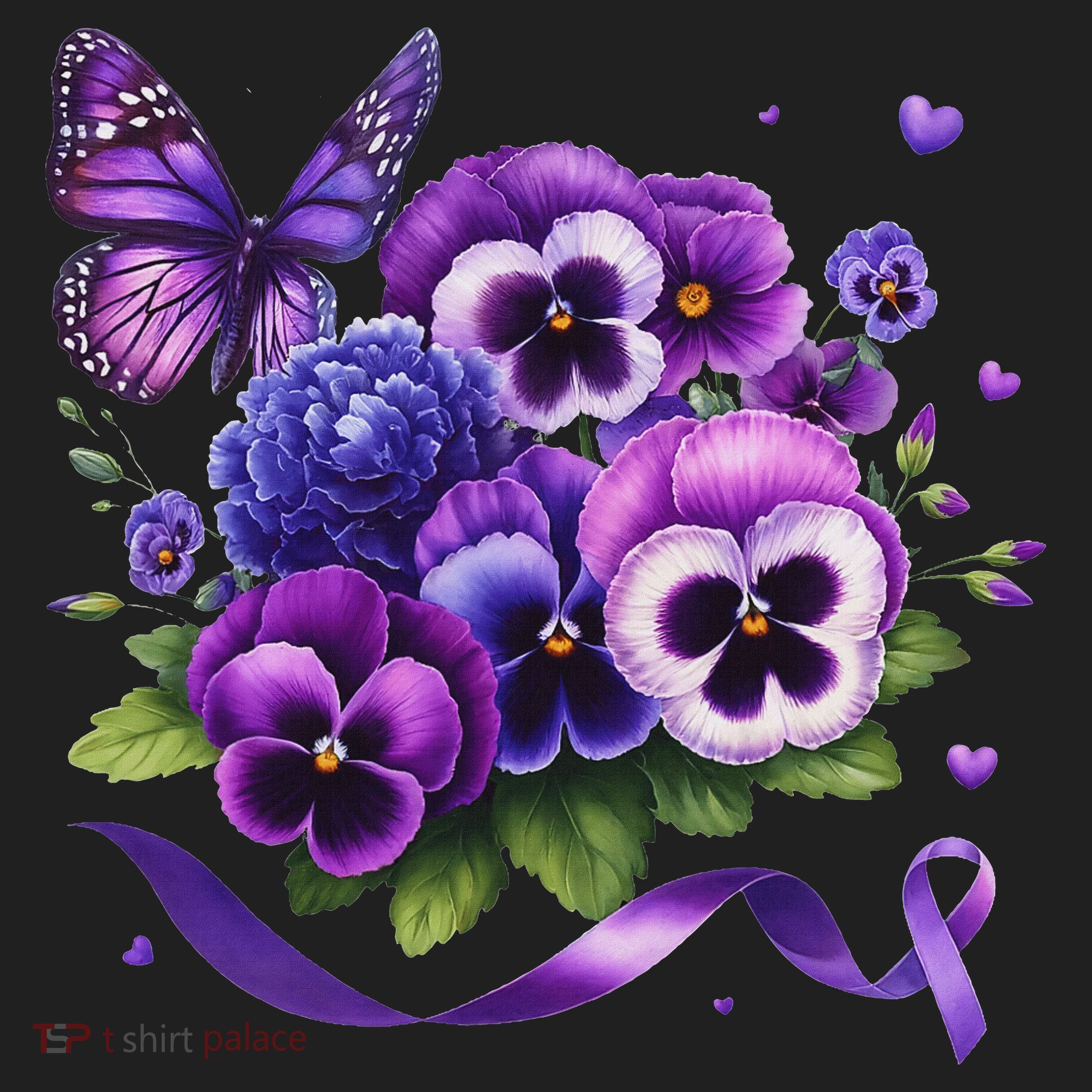Purple Floral Pansies Butterfly Ribbon Alzheimer's Awareness Golf Towel