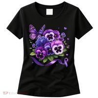 Purple Floral Pansies Butterfly Ribbon Alzheimer's Awareness Women's T-Shirt thumb 0