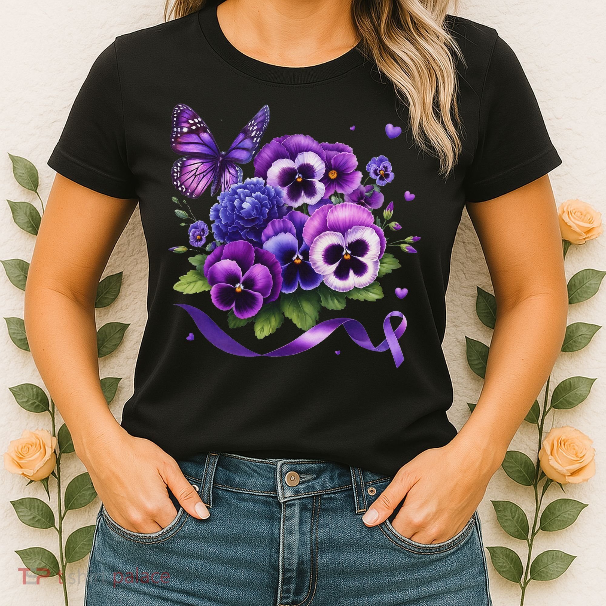 Purple Floral Pansies Butterfly Ribbon Alzheimer's Awareness Women's T-Shirt