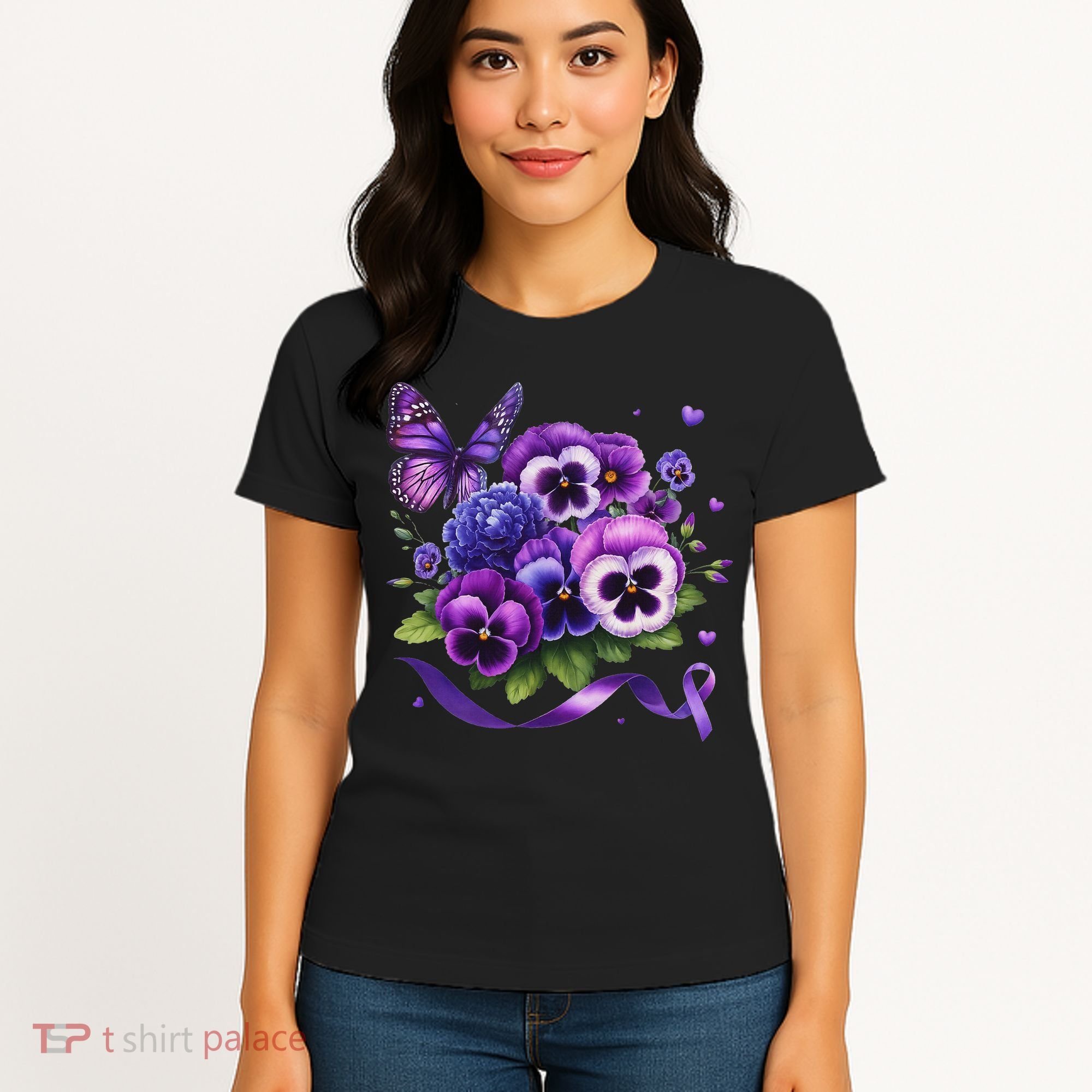 Purple Floral Pansies Butterfly Ribbon Alzheimer's Awareness Women's T-Shirt